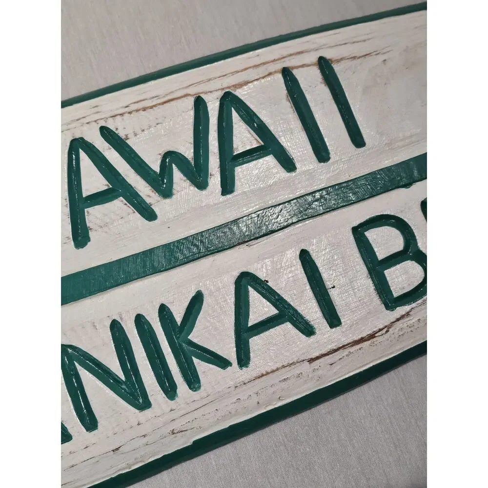 Lanikai Beach Wooden surf sign 40" w/ Beach Painting - Real Hand Carved Wood - Picture 5 of 14
